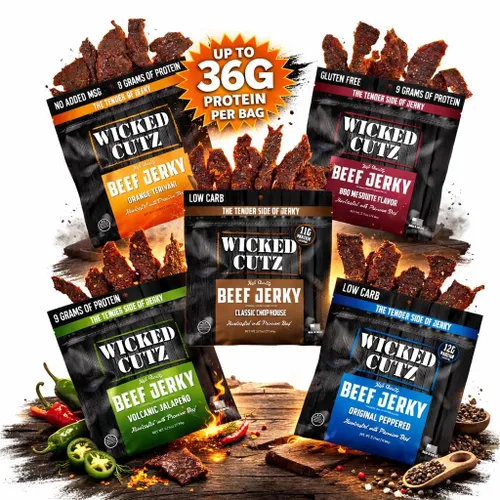 Miniatura 4 de Wicked Cutz BBQ Mesquite Beef Jerky, 21g de proteína por bolsa, alternativa tierna y fácil de masticar a los palitos de carne, bocadillos carnívoros