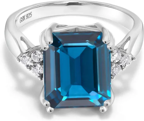 Miniatura 45 de Gem Stone King Anillo de compromiso con piedra natal de 5-10 quilates para mujer, plata de ley 925, corte esmeralda de 0.47 x 0.394 pulgadas, anillo