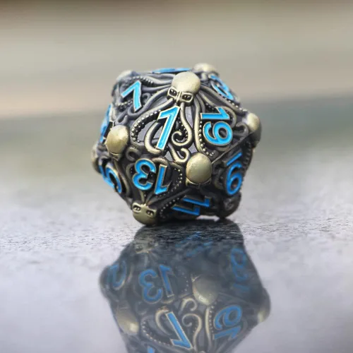 Miniatura 7 de Big Octopus D20 - Dados de metal con acabado de bronce antiguo sólido con números azules, para Cthulhu Mythos, juegos de rol de mesa -DNDWoW BZQB