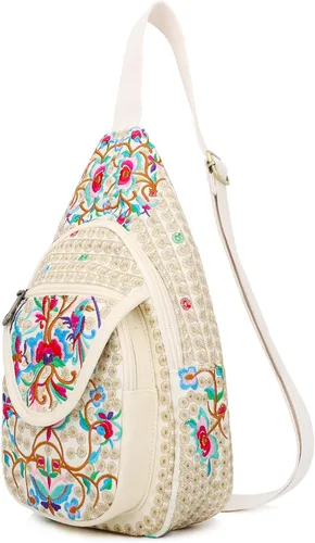 SILKAREA Bolso bandolera pequeño floral vintage para mujer, bolso de mano, bolso de hombro, mochila bordada de viaje (beige rojo)