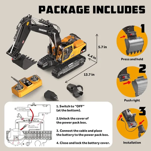 Miniatura 4 de Juguetes de excavadora con control remoto, 3 en 1 con cubeta de metal/garra/taladro, gira 680° - Juguetes de construcción con luces/2