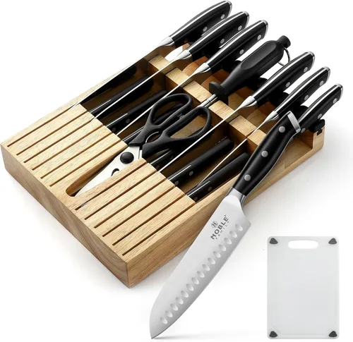 Juego de cuchillos con bloque, N NOBLE FAMILY, juego de 16 cuchillos de cocina, organizador de cajones con afilador, tabla de cortar, juego de Negro
