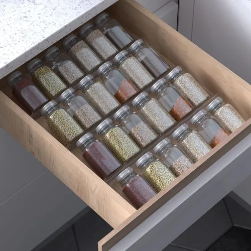 Jadehom Organizador de cajones de especias de 19 x 13 pulgadas, 4 niveles de acrílico transparente expandible en cajón, bandeja de inserción de