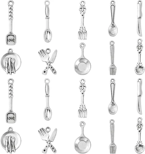 Ipotkitt 100 dijes de vajilla de estilo vintage, cuchara, cuchillo, tenedor, dijes antiguos de cocina para manualidades, joyería, accesorios