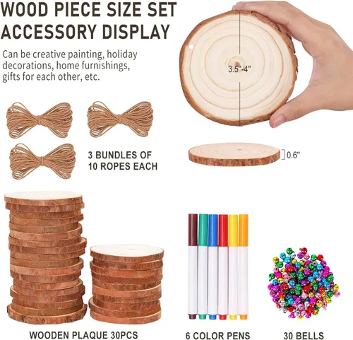 Miniatura 2 de Max Fun Rebanadas de madera natural, 30 piezas de 3.5 a 4 pulgadas, adornos de Navidad de madera sin terminar, preperforados, círculos de madera