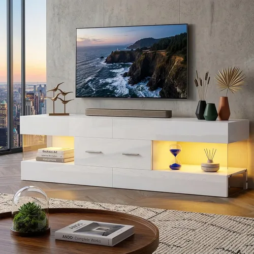 Miniatura 9 de Bestier Soporte de TV negro para TV de 55/60/65 pulgadas, soporte de TV moderno de alto brillo con paneles laterales con estampado de piedra, centro