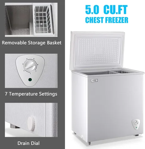 Miniatura 5 de Congelador de Pecho Congelador Profundo 5.0 Pies Cúbicos Mini Congelador Blanco Autoportante Puerta Superior Ajustable 7 Termostato y Canasta
