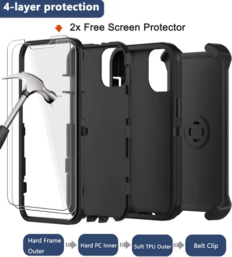 Miniatura 3 de Funda para iPhone 13 Pro Max con funda de clip para cinturón, 2 protectores de pantalla, protección contra caídas de grado militar, cuerpo completo