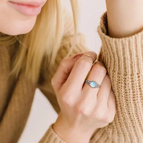 Miniatura 6 de Angol Anillo de plata de ley auténtica con piedra lunar arcoíris para mujer, anillo de pulgar minimalista con caja