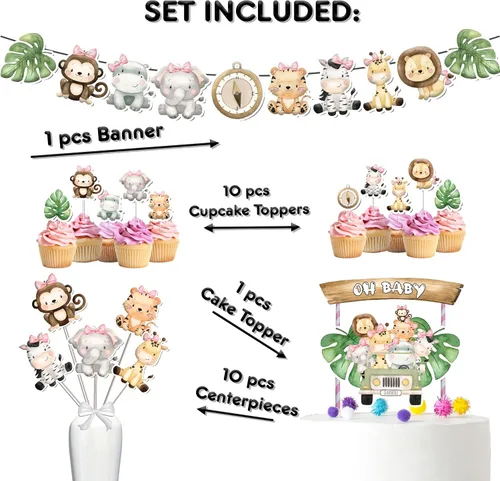Miniatura 2 de Juego de decoración de baby shower de animales de la selva para niña, paquete de animales de safari, suministros de fiesta temática para baby shower.