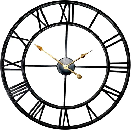 Reloj de pared grande de 20 pulgadas para decoración del hogar para sala de estar, relojes de arte de hierro sin tictac, números romanos, metal Negro