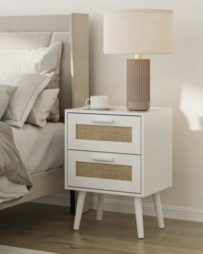 Miniatura 11 de Masupu Mesita de noche de ratán, moderna mesita de noche bohemia con 2 cajones, mesa auxiliar pequeña para dormitorio, sala de estar, oficina