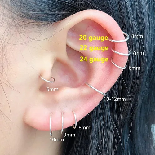Miniatura 2 de Pequeños aretes de aro huggie de oro o plata de ley para mujeres y niñas, cartílago, nariz, hélix, tragus