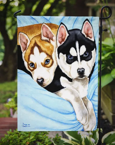 Miniatura 3 de Caroline's Treasures AMB1327GF - Bandera de jardín con diseño de ángeles de nieve y husky siberiano, bandera decorativa para patio exterior, patio
