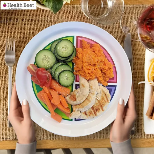 Miniatura 6 de Health Beet Placa de control de porciones de dieta macro de 10 pulgadas para una alimentación equilibrada, 3 secciones planas para verduras