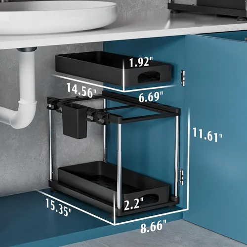 Miniatura 6 de VERIFOST Paquete de 2 organizadores para debajo del fregadero, organizadores de 2 niveles para debajo del fregadero y almacenamiento para cocina