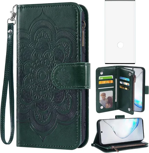 Asuwish Funda para teléfono Samsung Galaxy Note 10 Plus Note10+ 5G, funda tipo cartera con protector de pantalla de vidrio templado y tarjetero con