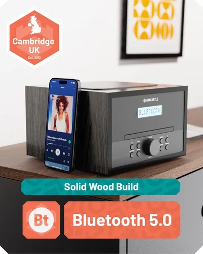 Miniatura 8 de Sistema de estéreo para el hogar con reproductor de CD, Bluetooth y radio Radio FM de 40W, construcción en madera maciza, 30 preajustes y alarma