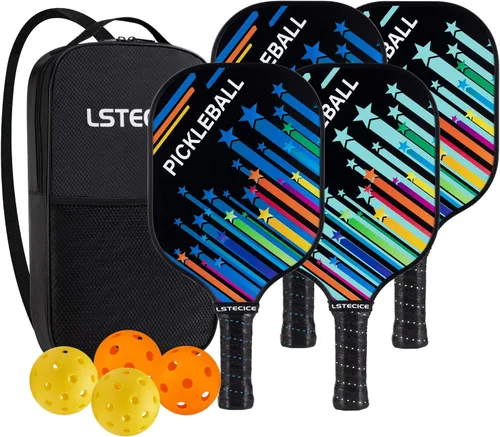 Pickleball Paddles Set of 4, Fiberglass Pickleball Paddles with Honeycomb Core, Lightweight Pickleball Set with Balls & Bag for Men, Women &