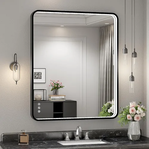 Miniatura 27 de Espejo de baño LED de 24x32 pulgadas con luces, espejo LED con marco de metal negro para baño, 3 colores y luz regulable sin escalones montada