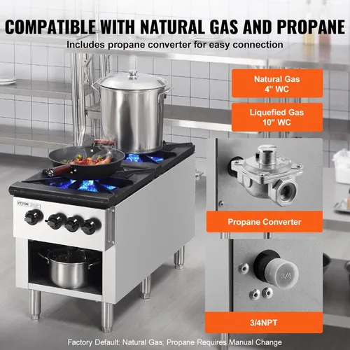 Miniatura 3 de VEVOR Estufa de Gas Comercial con 2 Quemadores, Estufa de Cocina de Encimera de Propano y Gas Natural, Placa Caliente de Gas de Acero Inoxidable