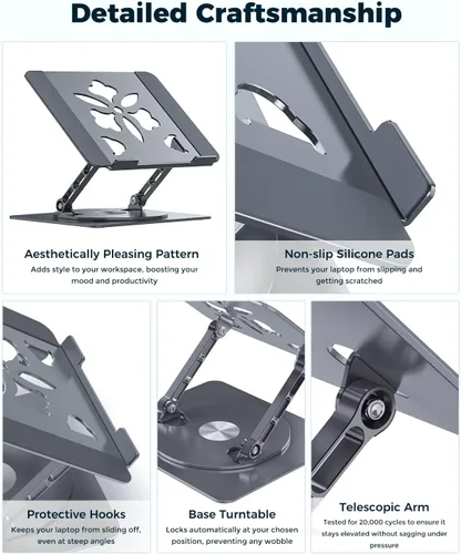 Miniatura 7 de Soporte Ajustable para Laptop de Escritorio - Elevador Portátil para Laptop con Base Giratoria, Soporte de Aluminio Plegable para Computadora, Gris