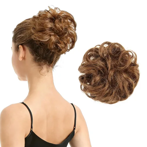 Miniatura 26 de BARSDAR Extensión de moño 100% humano – Cabello humano real rojo desordenado moño coletero para mujer – Extensiones elásticas onduladas