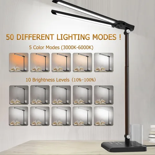 Miniatura 5 de CHARYJOD Lámpara de escritorio LED retráctil regulable con puerto de carga USB, 50 modos de iluminación, brazo doble oscilante, arquitecto, lámpara