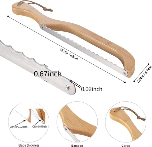Miniatura 6 de Cortador de pan de arco premium, cuchillo de pan de masa madre con mango de bambú de 15.6 pulgadas, hoja dentada de acero inoxidable de grado