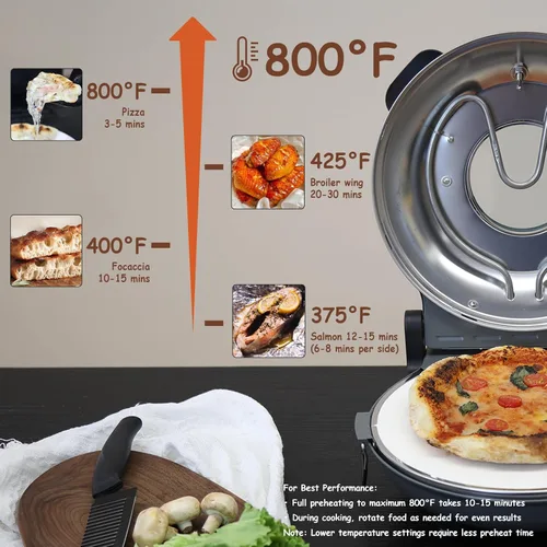 Miniatura 3 de Horno de Pizza de Piedra, Máquina Eléctrica para Pizza de Interior de 12'', Máquina para Hacer Pizza de Encimera de 1200W con Control Dual de Negro