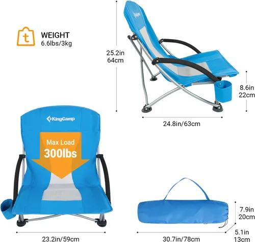 Miniatura 3 de KingCamp Silla de playa baja, silla de camping plegable con respaldo alto para adultos, asiento de malla transpirable de gran tamaño, silla portátil