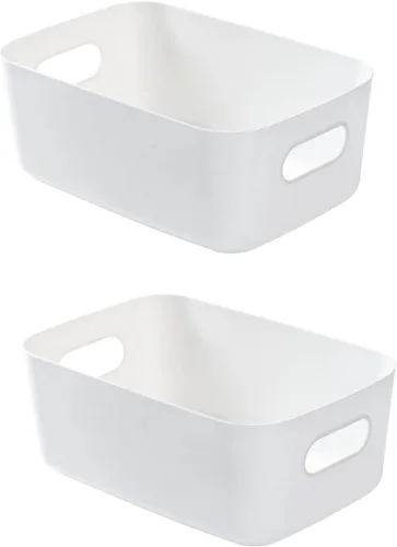 Paquete de 2 cestas de almacenamiento de plástico, contenedor de almacenamiento blanco con asa, cubos de organización de baño, organizador de