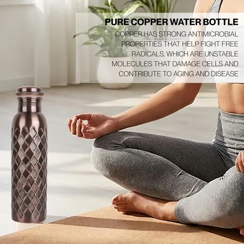 Miniatura 5 de Alpha Living Home Pure Copper Water Bottle Set of 3 - Handcrafted Drinking Bottles with Hammered, Diamond & Honeycomb Design - Leak Proof Wide Mouth