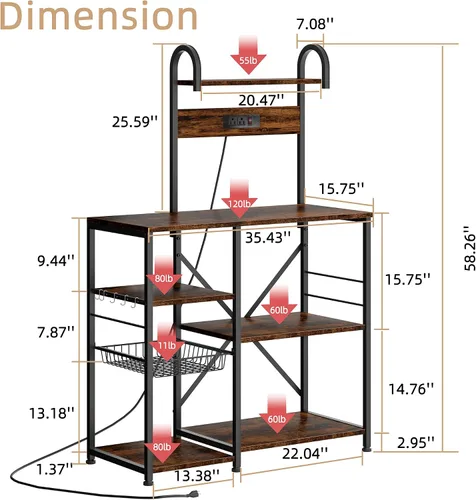 Miniatura 5 de JAMFLY Estante para hornear de cocina de 35.4 pulgadas con toma de corriente, mesa de café y soporte para microondas, estante de almacenamiento