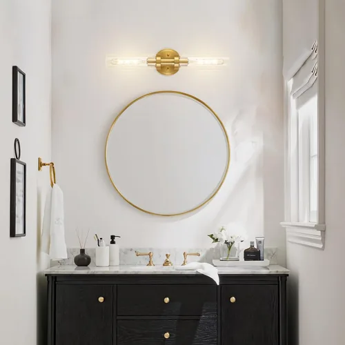 Miniatura 7 de SANTOSTOCK Lámpara de Vanidad de Baño de Oro Cepillado, Aplique de Pared Moderno de 2 Luces con Vidrio Transparente, Lámpara de Montaje en Pared