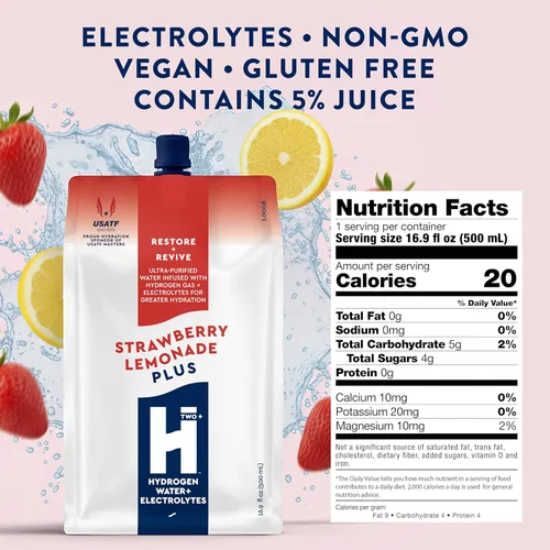 Miniatura 2 de HTWO Plus Agua de hidrógeno molecular con electrolitos, sabor a limonada de fresa, paquetes de hidratación sin azúcar, paquete de 6 unidades de 16.9