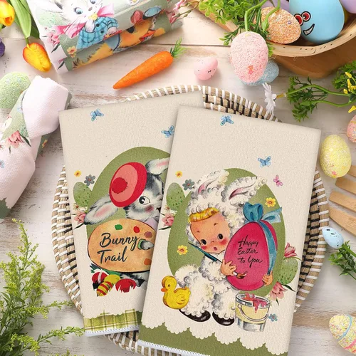 Miniatura 7 de Patelai Paquete de 6 toallas de cocina vintage de Pascua, de primavera, de temporada, paño para platos de té, retro, retro, frontera, conejito