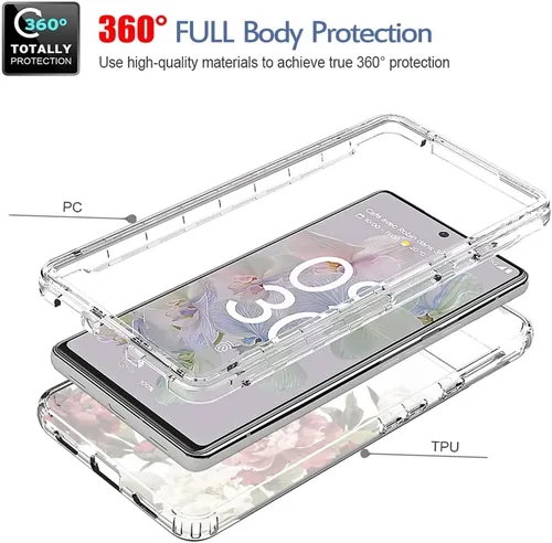 Miniatura 3 de Funda para Google Pixel 6A, diseño floral, protector de pantalla de vidrio templado transparente, funda protectora de cuerpo completo