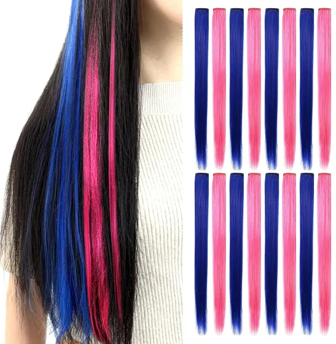 Miniatura 2 de 16 extensiones de cabello de color azul y rosa, lacio, sintético, con reflejos, para fiestas, fiestas, 21 pulgadas, extensiones coloridas