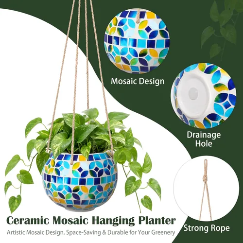 Miniatura 3 de Maceta colgante de cerámica con mosaico, maceta colgante pequeña para plantas de interior, decoración de jardín, maceta de bola de discoteca con Azul