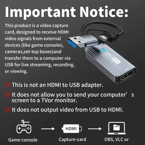 Miniatura 9 de Papeaso Tarjeta de captura de video, 4K HDMI a USB/USB C 3.0, dispositivo de captura de video 1080P 60FPS, para transmisión, enseñanza