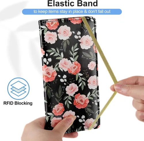 Miniatura 5 de Funda para chequera personal, cartera RFID con soporte para bolígrafo y divisor de plástico transparente integrado para cheques duplicados, Flor