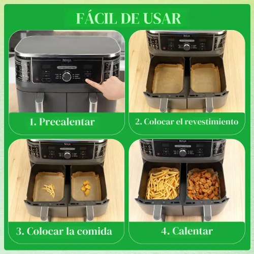 Miniatura 7 de BYKITCHEN 300 piezas de revestimientos para freidora de aire para Ninja Dual Airfryer, papel pergamino desechable rectangular para freidora de aire