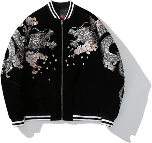 Miniatura 5 de Chaqueta de béisbol para hombre con bordado de dragón Hip Hop