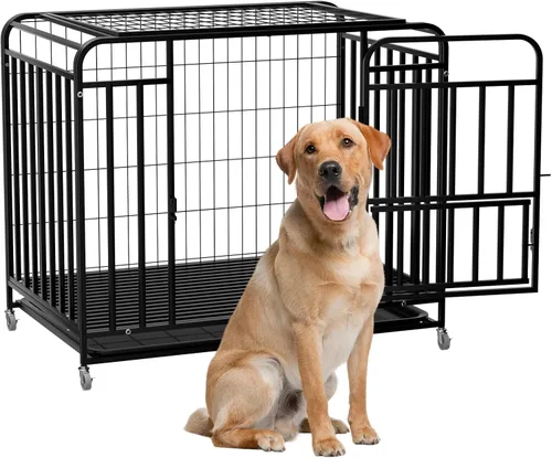 Miniatura 9 de Jaula resistente y fácil de limpiar de 42 pulgadas con doble puerta extraíble, a prueba de escapes, jaula grande para perros con ruedas