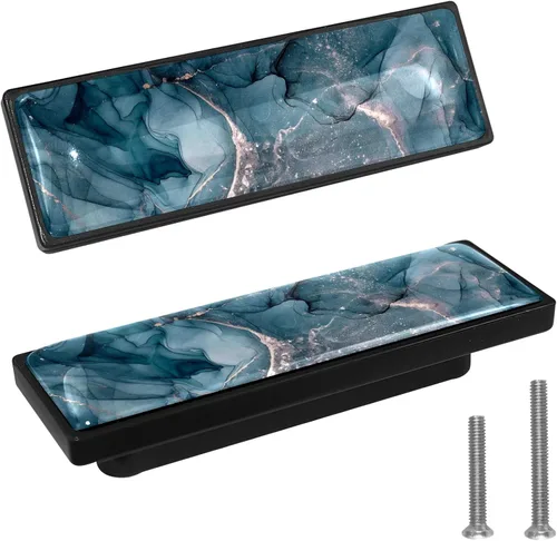 Miniatura 13 de LORVIES Paquete de 4 pomos decorativos de mármol de 3.6 pulgadas para gabinete, vidrio ABS largo rectangular negro, manijas de puerta de cajón