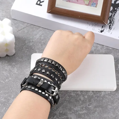 Miniatura 4 de Apausvcm 2 pulseras de piel sintética para hombres y mujeres, estilo vintage de los años 80, pulsera gótica ajustable negra con tachuelas