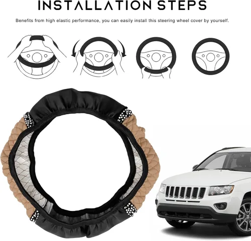 Miniatura 4 de Funda para volante de coche brillante, protector de volante de 15 pulgadas con diamantes de imitación de cuero suave, fundas de volante auto