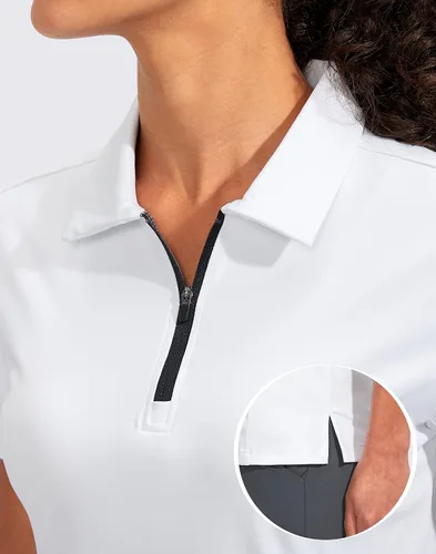 Miniatura 4 de Viodia Camisa de golf para mujer, manga corta, con cremallera, de secado rápido, elástica, con cuello de tenis, ropa de golf
