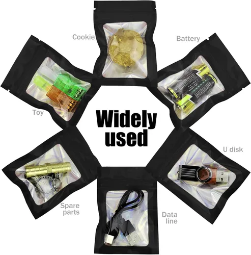 Miniatura 6 de 50 bolsas de Mylar negras de 2.7 x 3.9 pulgadas con ventana transparente, bolsa holográfica resellable para almacenamiento de alimentos, joyas